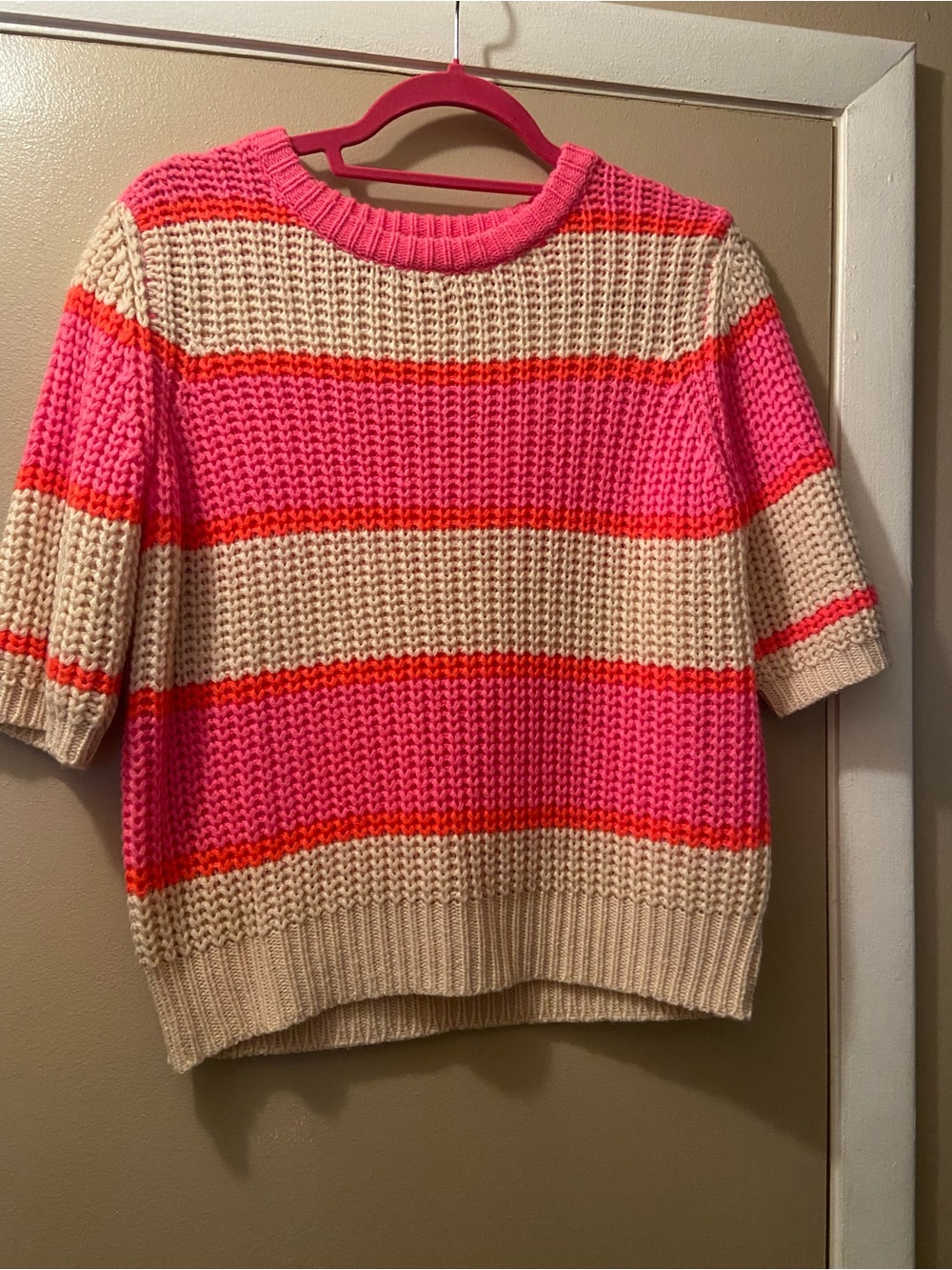 Striped Crewneck Sweater in Cream, Pink & Neon Orange! NWOT! Medium!